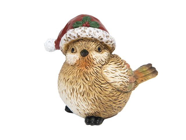 POLYRESIN BIRD WITH SANTA HAT (4")